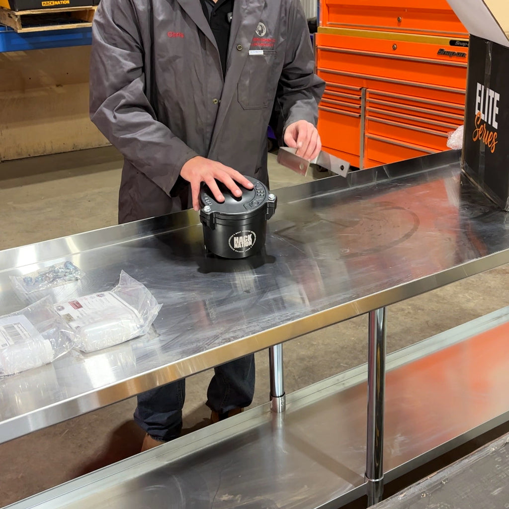 Hack Nation Oil Filtration System (HN-OFS) canister being unboxed